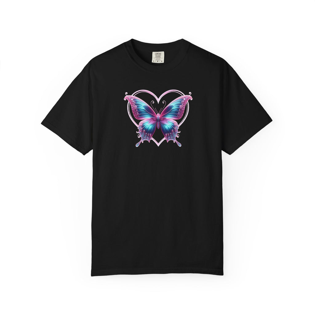 Butterfly and Heart T-Shirt - Vibrant Butterfly Graphic Design