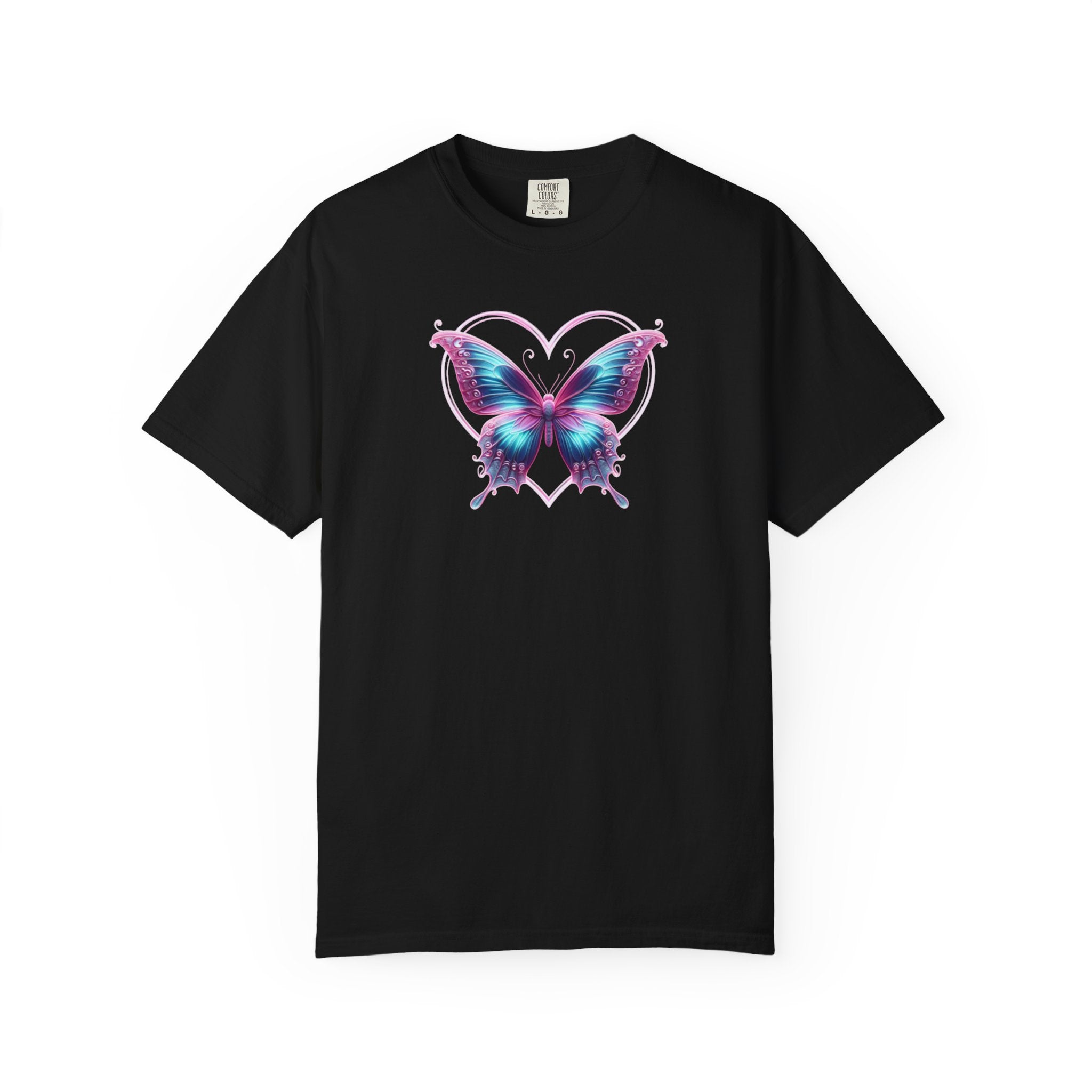 Butterfly and Heart T-Shirt - Vibrant Butterfly Graphic Design