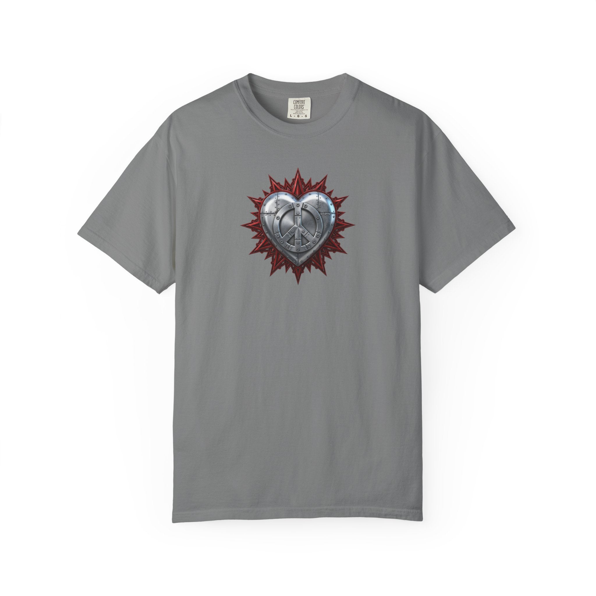 Fortified Peace Graphic T-Shirt  —  Metallic Heart and Peace Sign Graphic Design T-Shirt