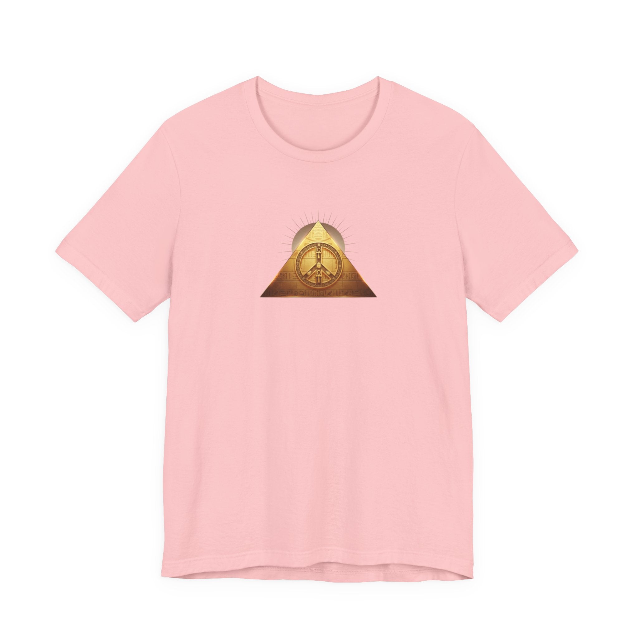 Gold Peace Pyramid  Graphic T-Shirt — Egyptian Pyramid and Golden Peace Symbol Graphic Design