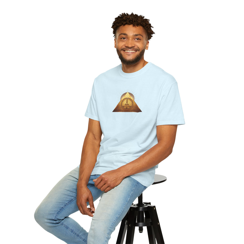 Gold Peace Pyramid Tee — Radiant Sun Graphic T-Shirt