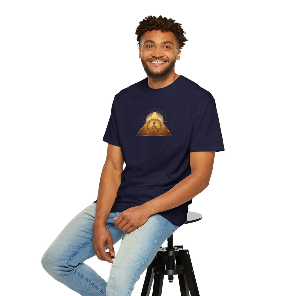 Gold Peace Pyramid Tee — Radiant Sun Graphic T-Shirt
