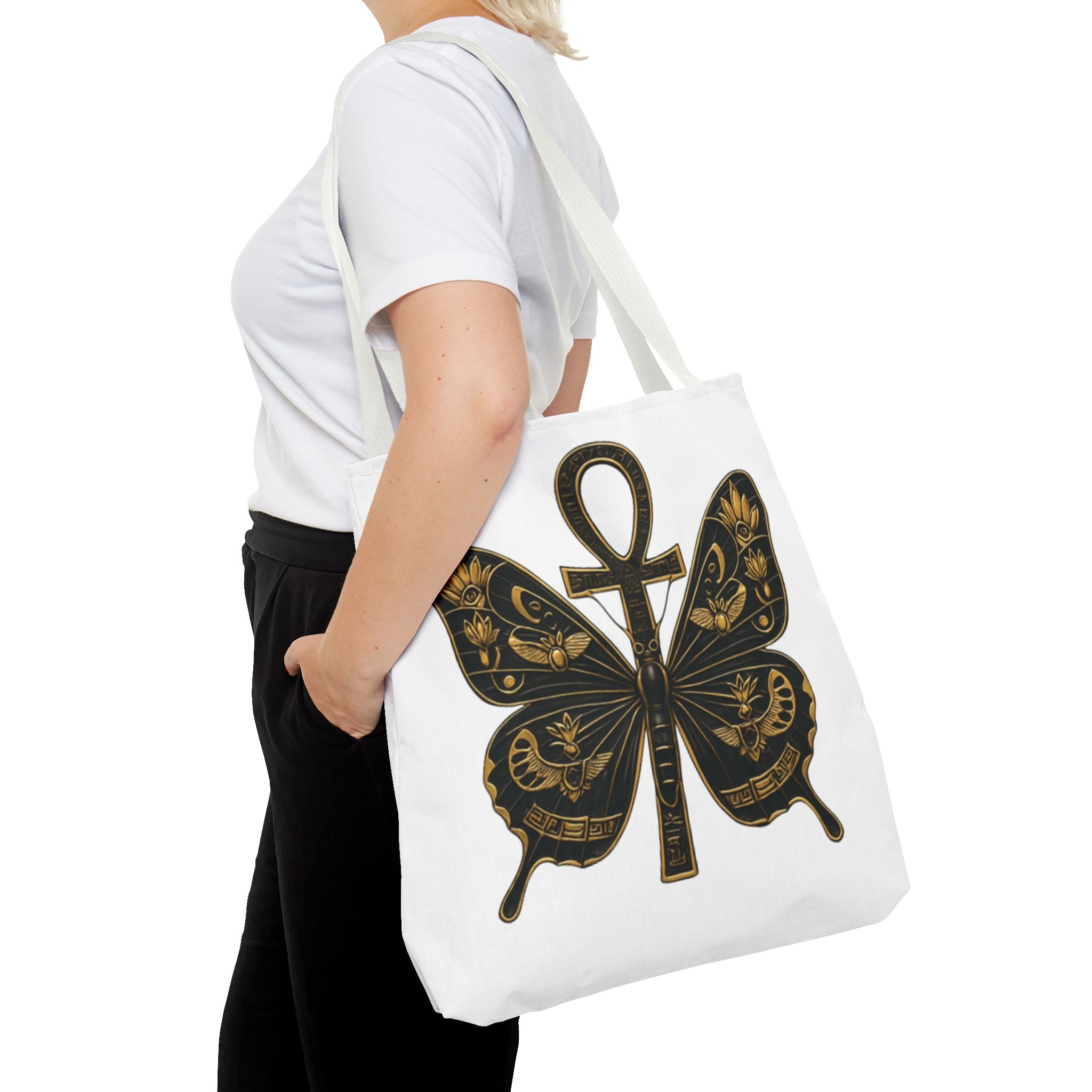 Mystic Peace Butterfly Graphic Design Tote Bag — Egyptian Themed Butterfly and Ankh Design