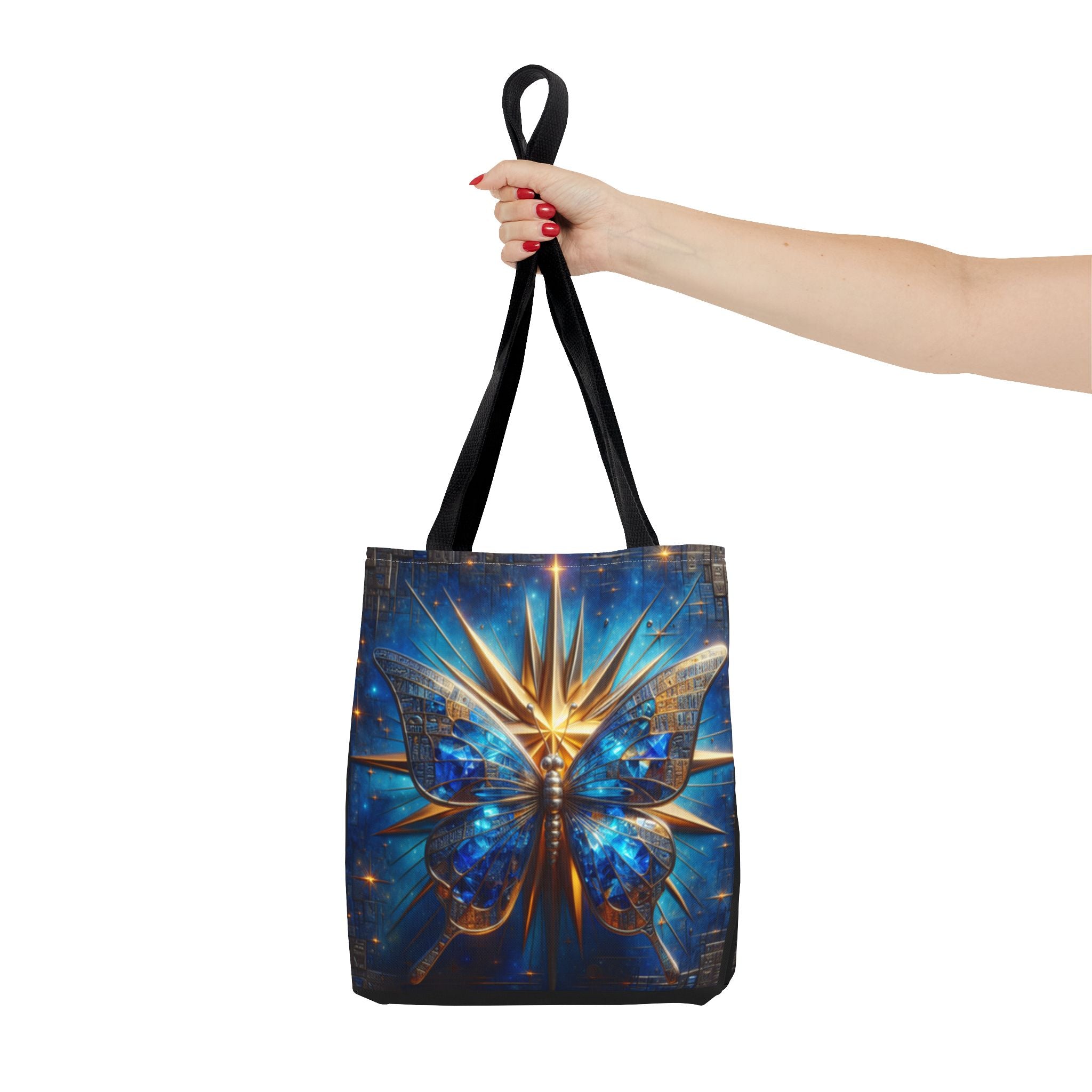 Galactic Peace Graphic Design Tote Bag — Blue Butterfly with Gold Starburst Graphic Design Bag