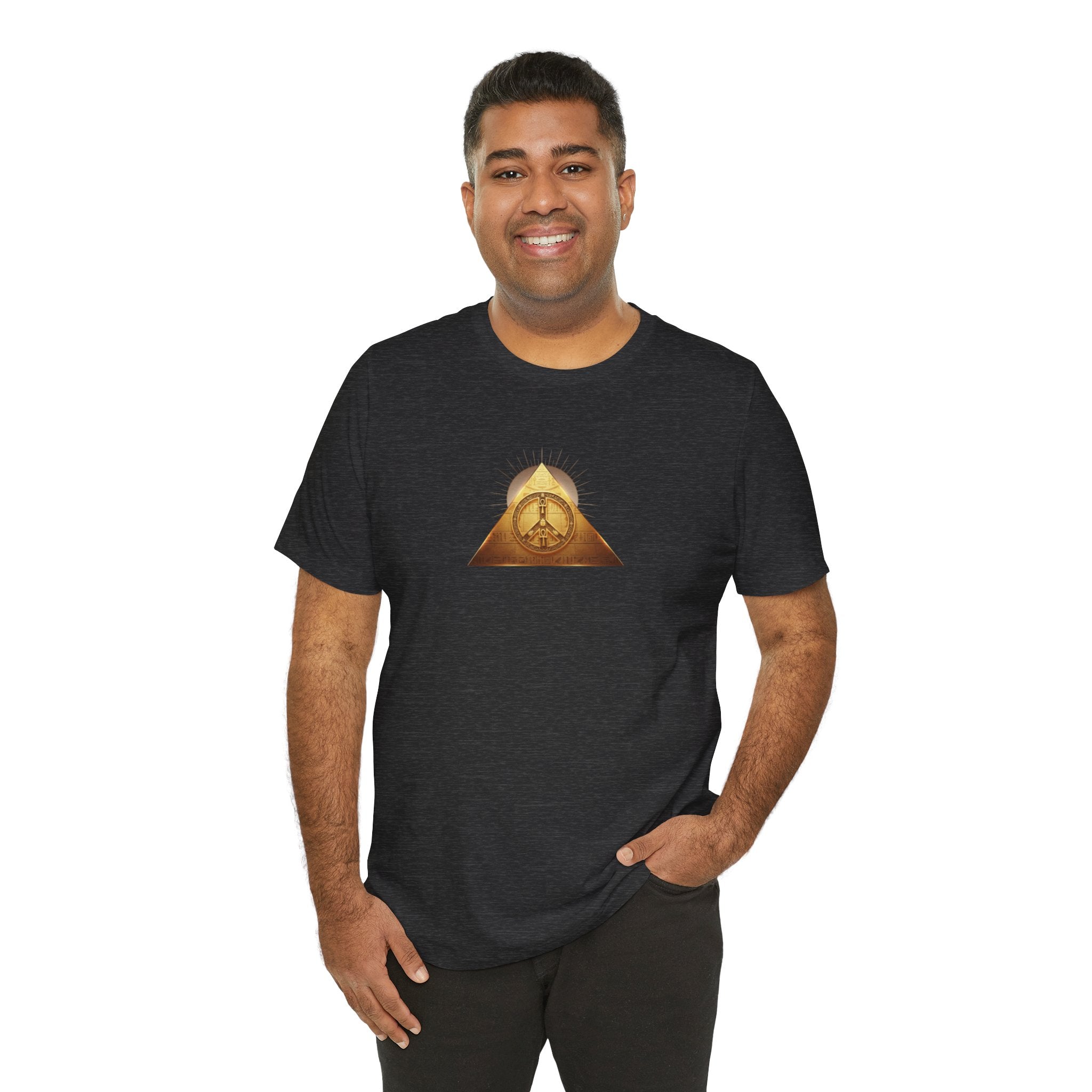 Gold Peace Pyramid  Graphic T-Shirt — Egyptian Pyramid and Golden Peace Symbol Graphic Design
