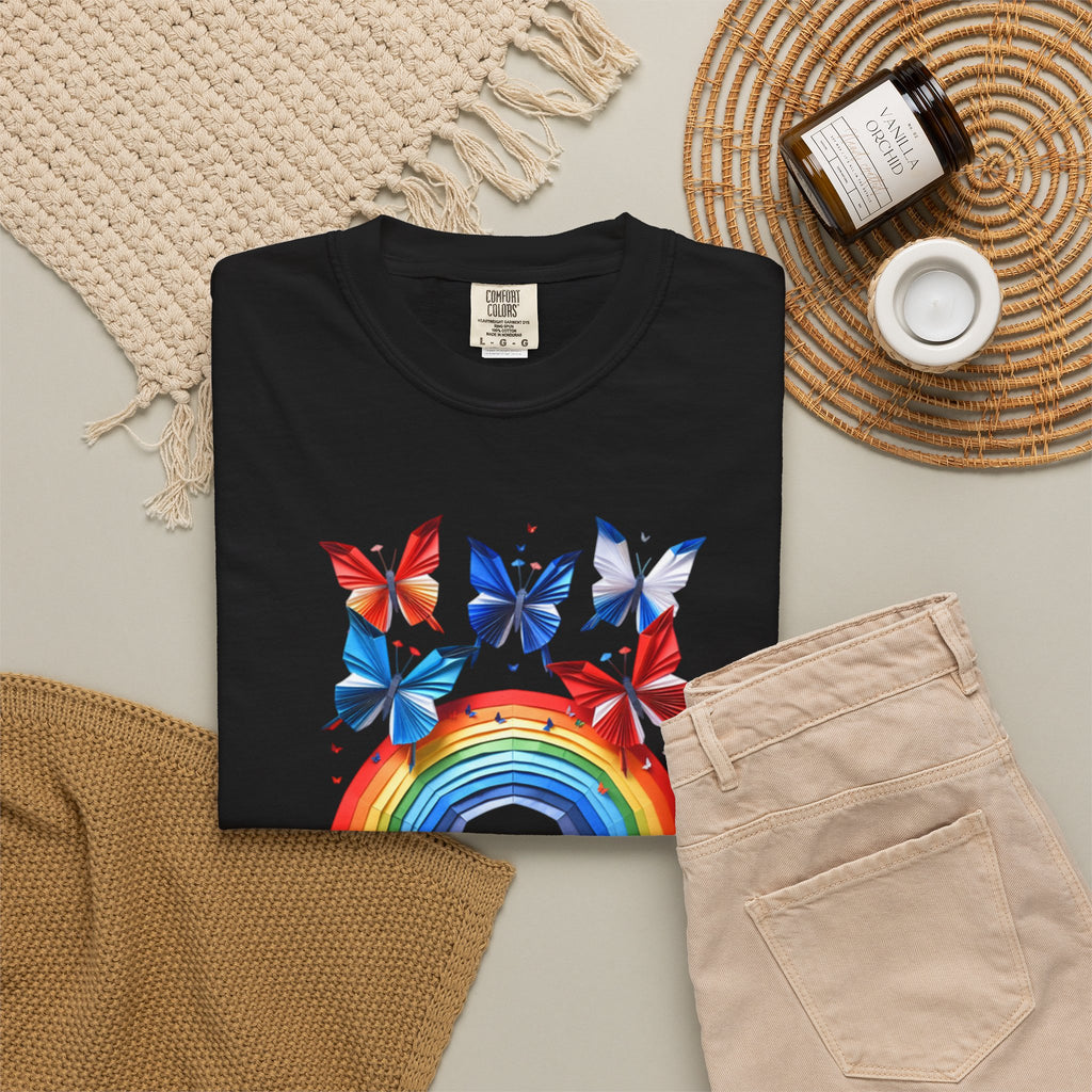 Positive Vibes Tee — Rainbow and Butterflies Graphic Design Tee