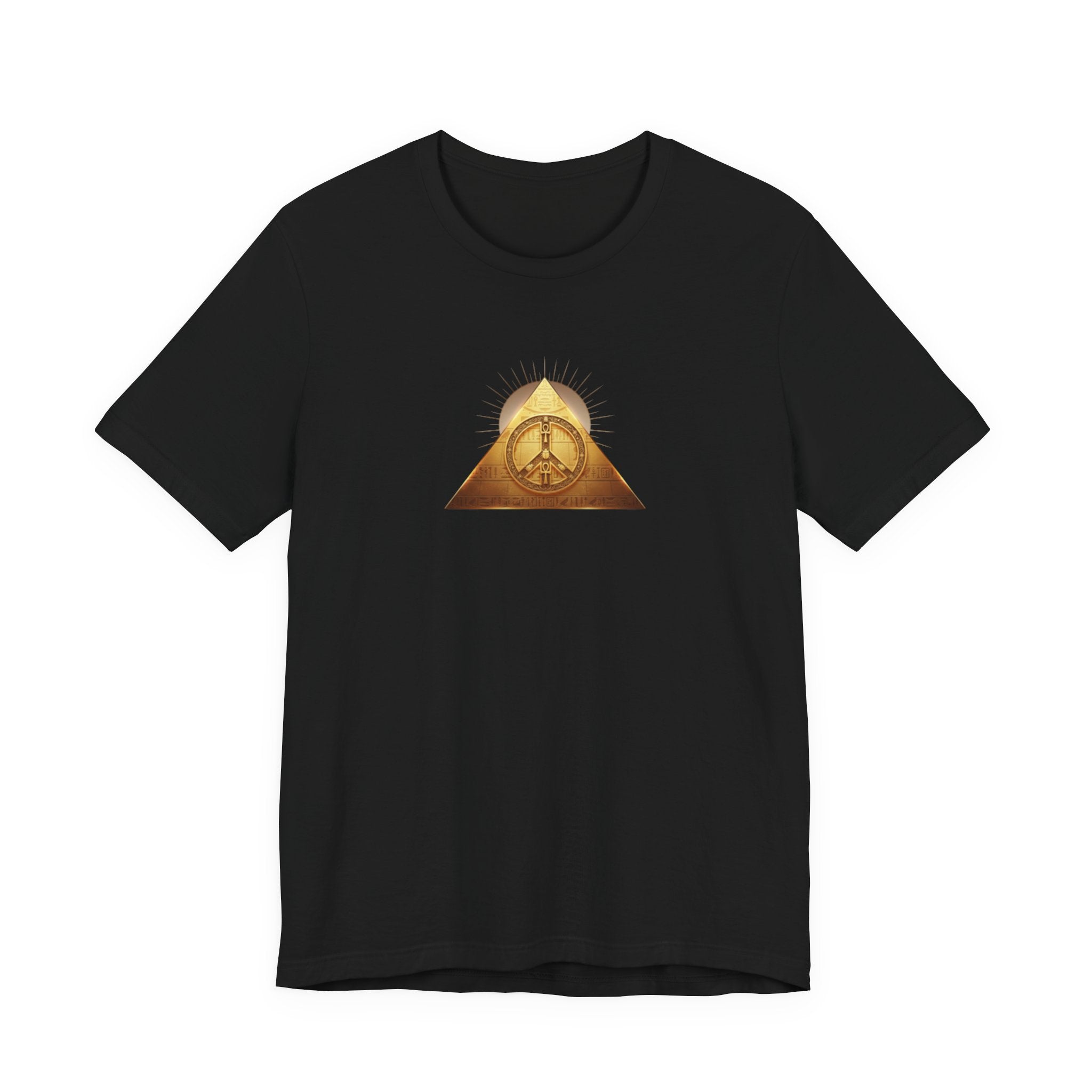 Gold Peace Pyramid  Graphic T-Shirt — Egyptian Pyramid and Golden Peace Symbol Graphic Design