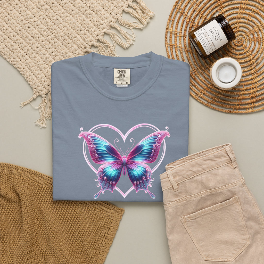 Butterfly and Heart T-Shirt - Vibrant Butterfly Graphic Design