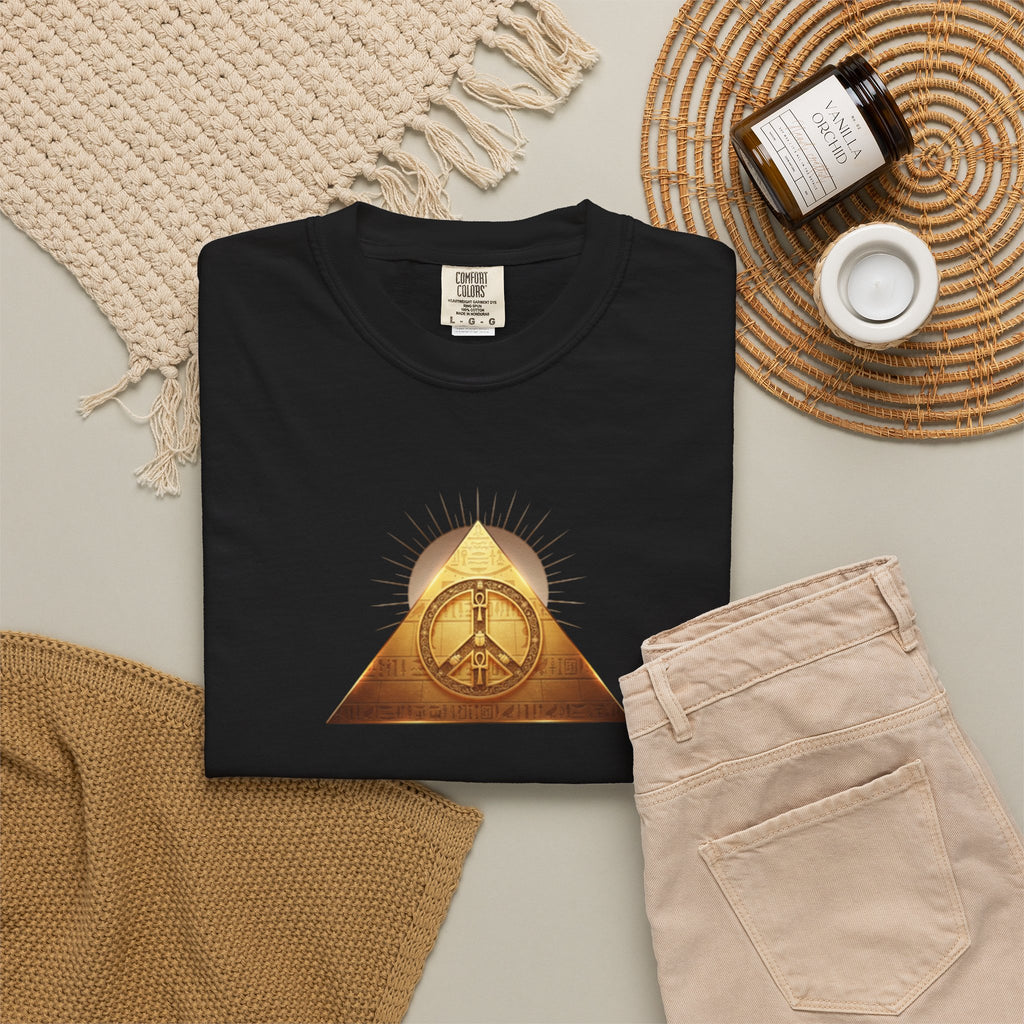 Gold Peace Pyramid Tee — Radiant Sun Graphic T-Shirt