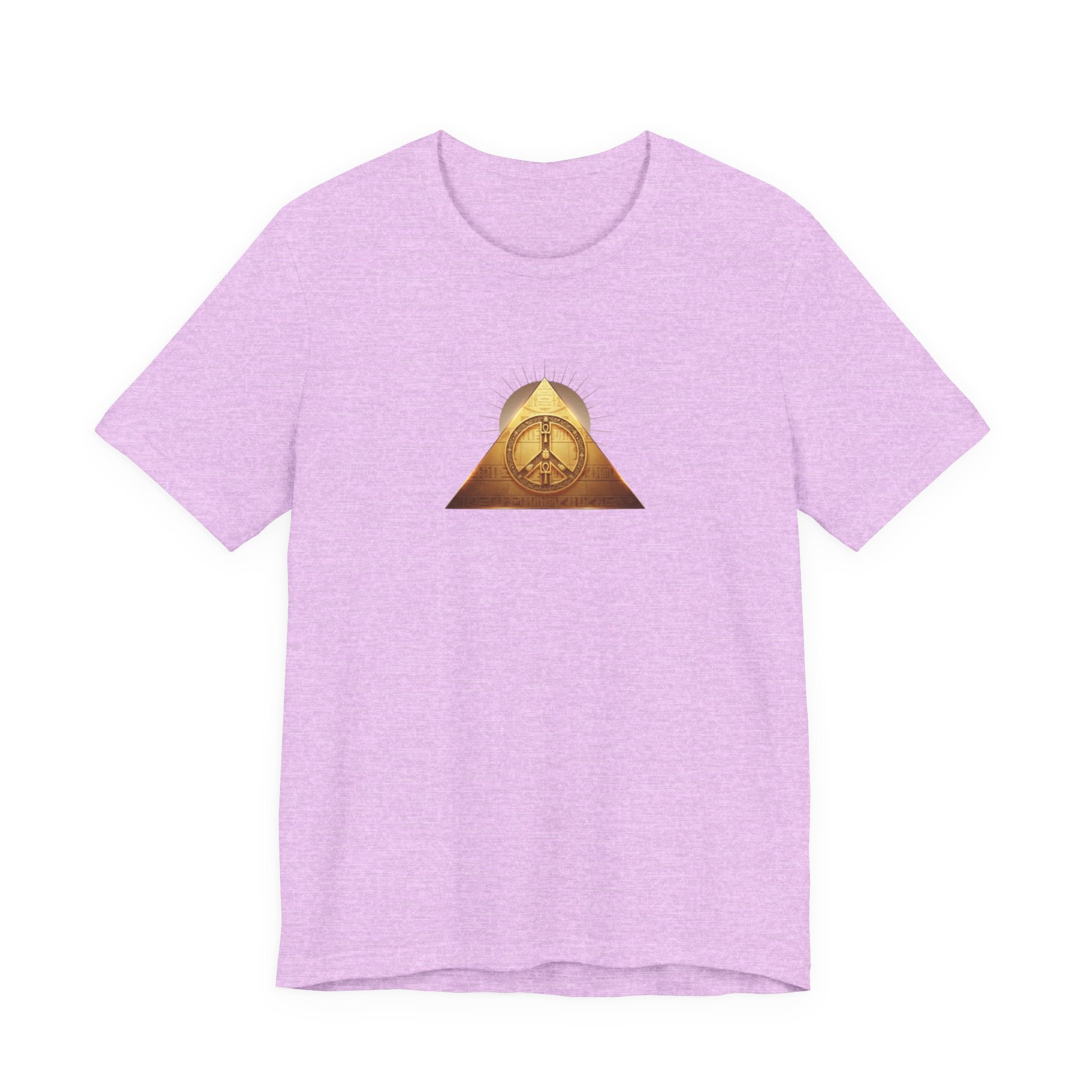 Gold Peace Pyramid  Graphic T-Shirt — Egyptian Pyramid and Golden Peace Symbol Graphic Design