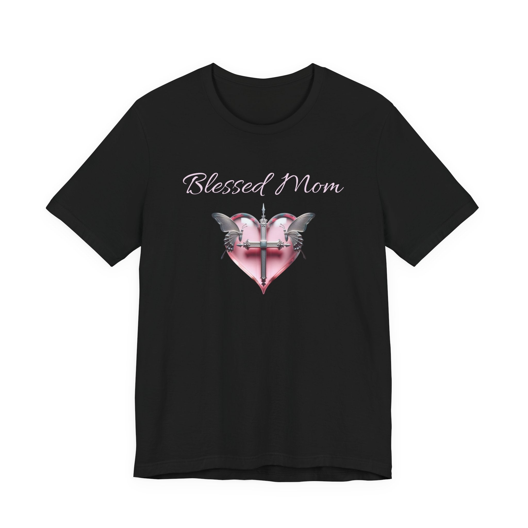 Blessed Mom Graphic Design T-Shirt - Pink Heart and Silver Gothic Cross with Butterflies