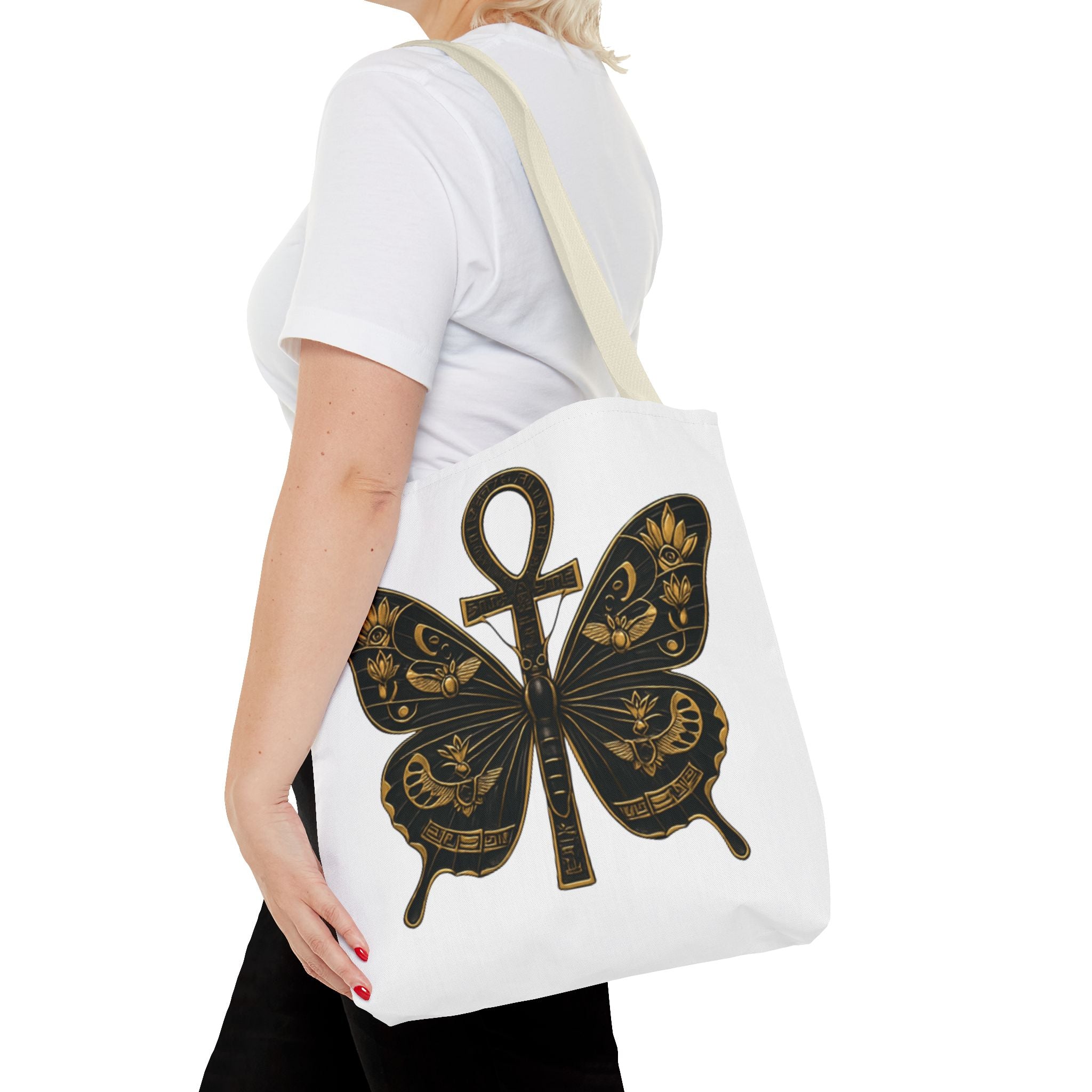 Mystic Peace Butterfly Graphic Design Tote Bag — Egyptian Themed Butterfly and Ankh Design