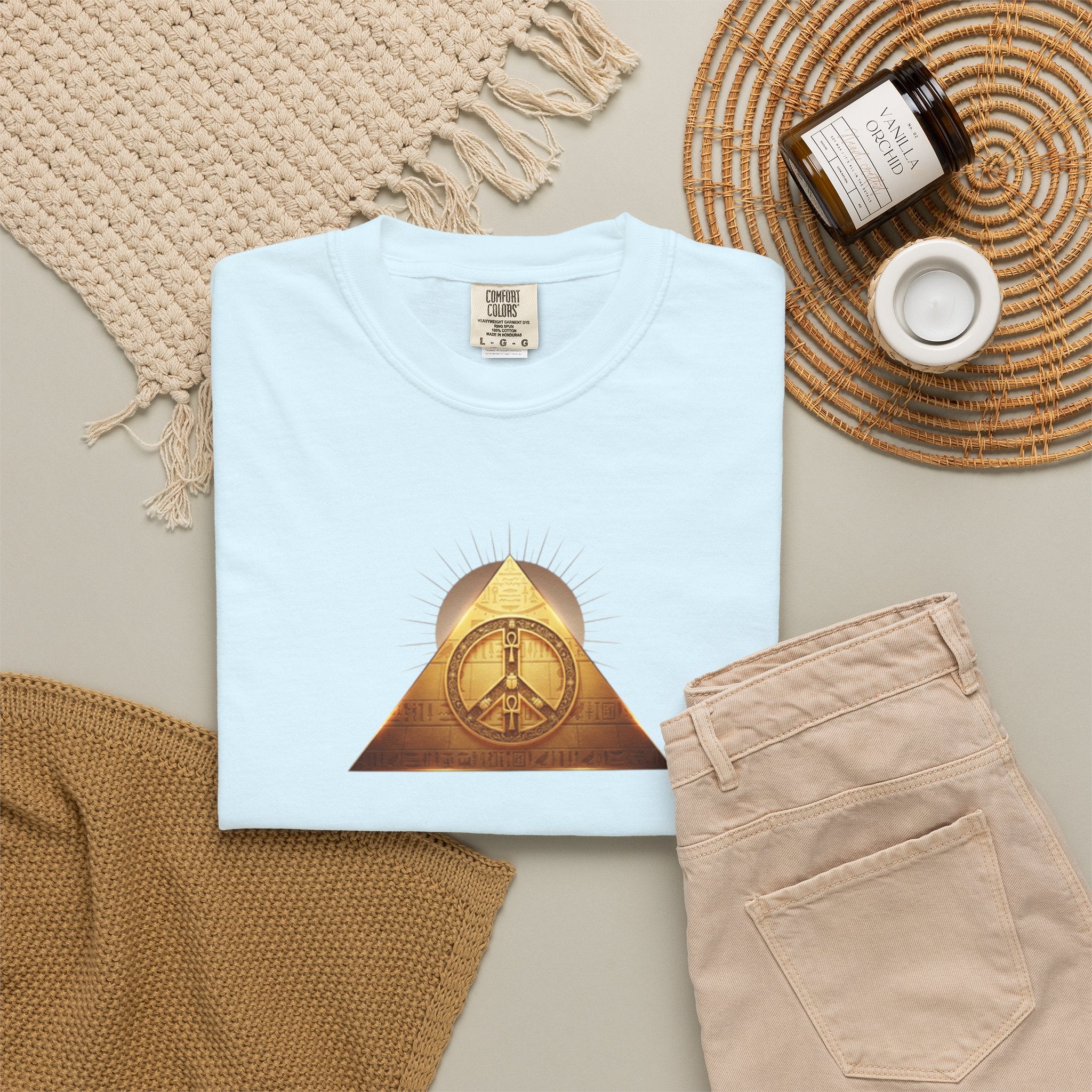 Gold Peace Pyramid Tee — Radiant Sun Graphic T-Shirt
