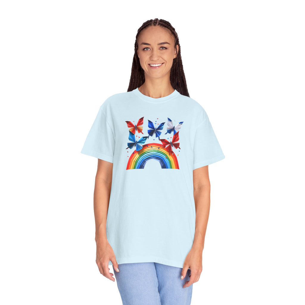 Positive Vibes Tee — Rainbow and Butterflies Graphic Design Tee