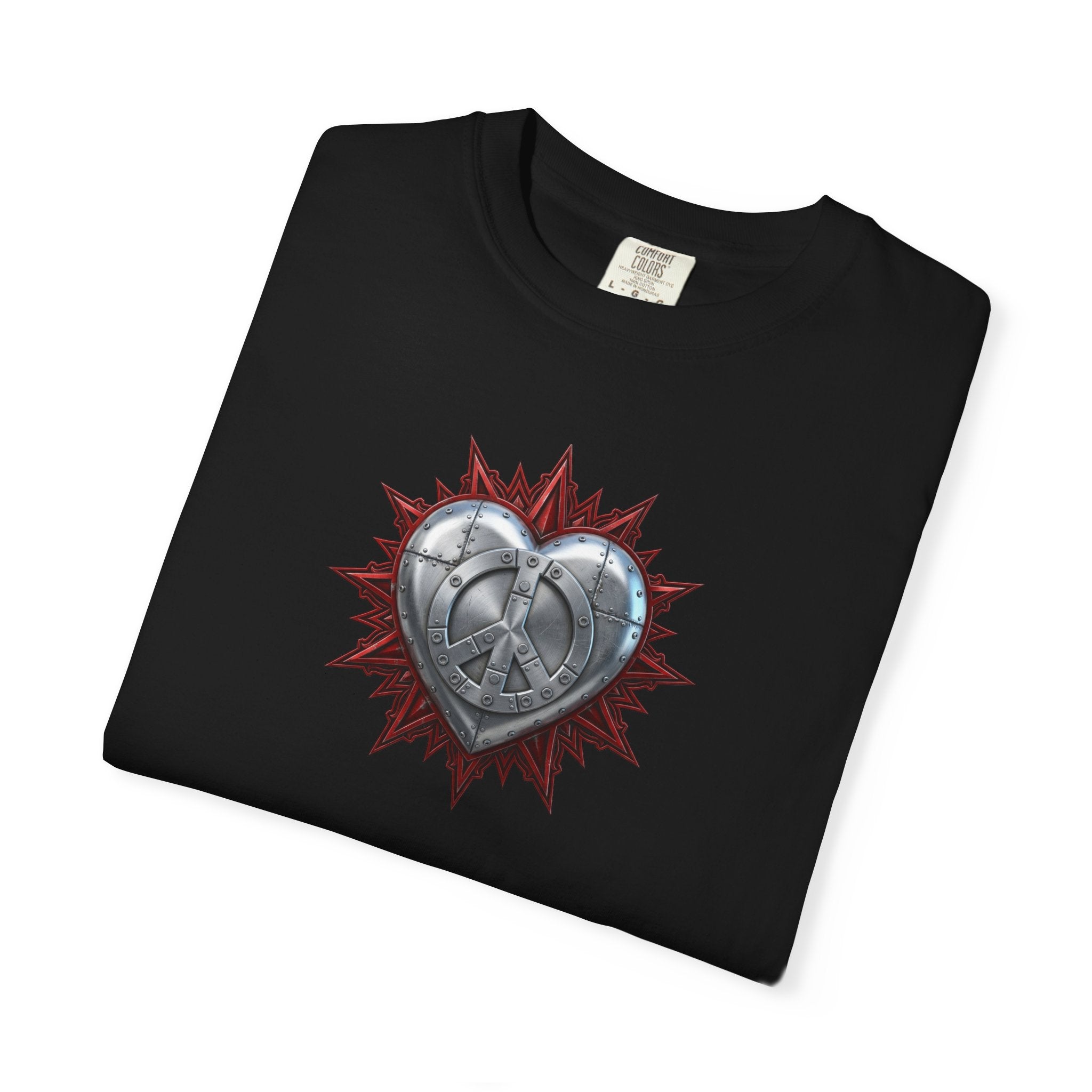 Fortified Peace Graphic T-Shirt  —  Metallic Heart and Peace Sign Graphic Design T-Shirt