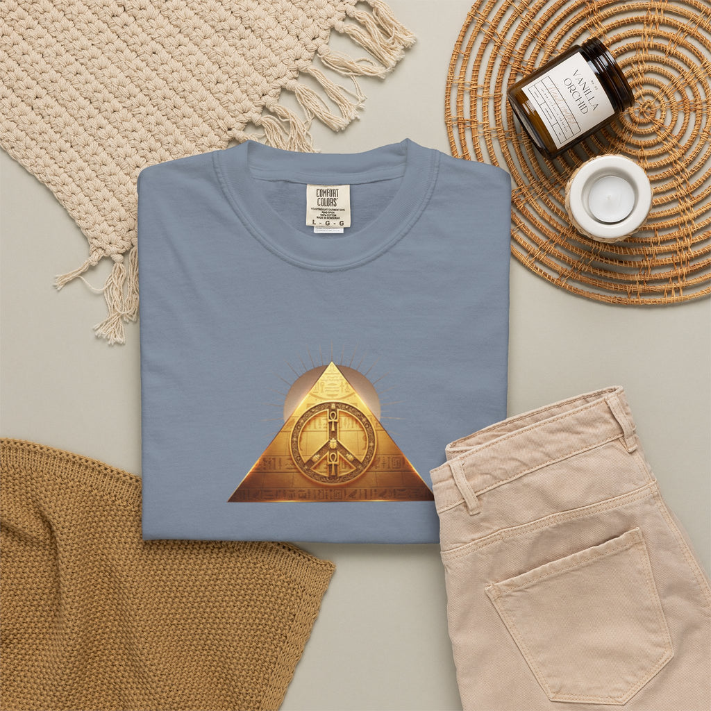 Gold Peace Pyramid Tee — Radiant Sun Graphic T-Shirt