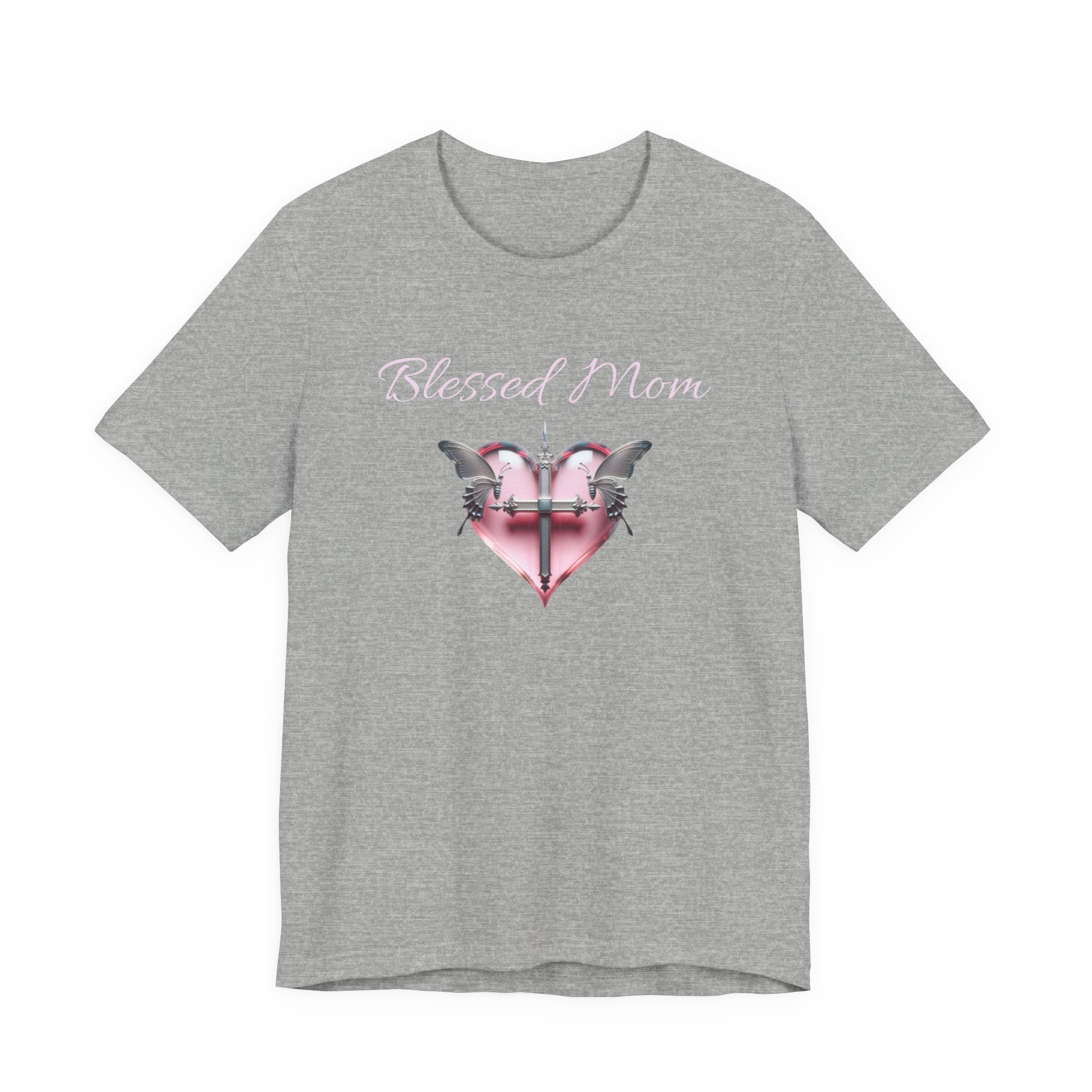 Blessed Mom Graphic Design T-Shirt - Pink Heart and Silver Gothic Cross with Butterflies