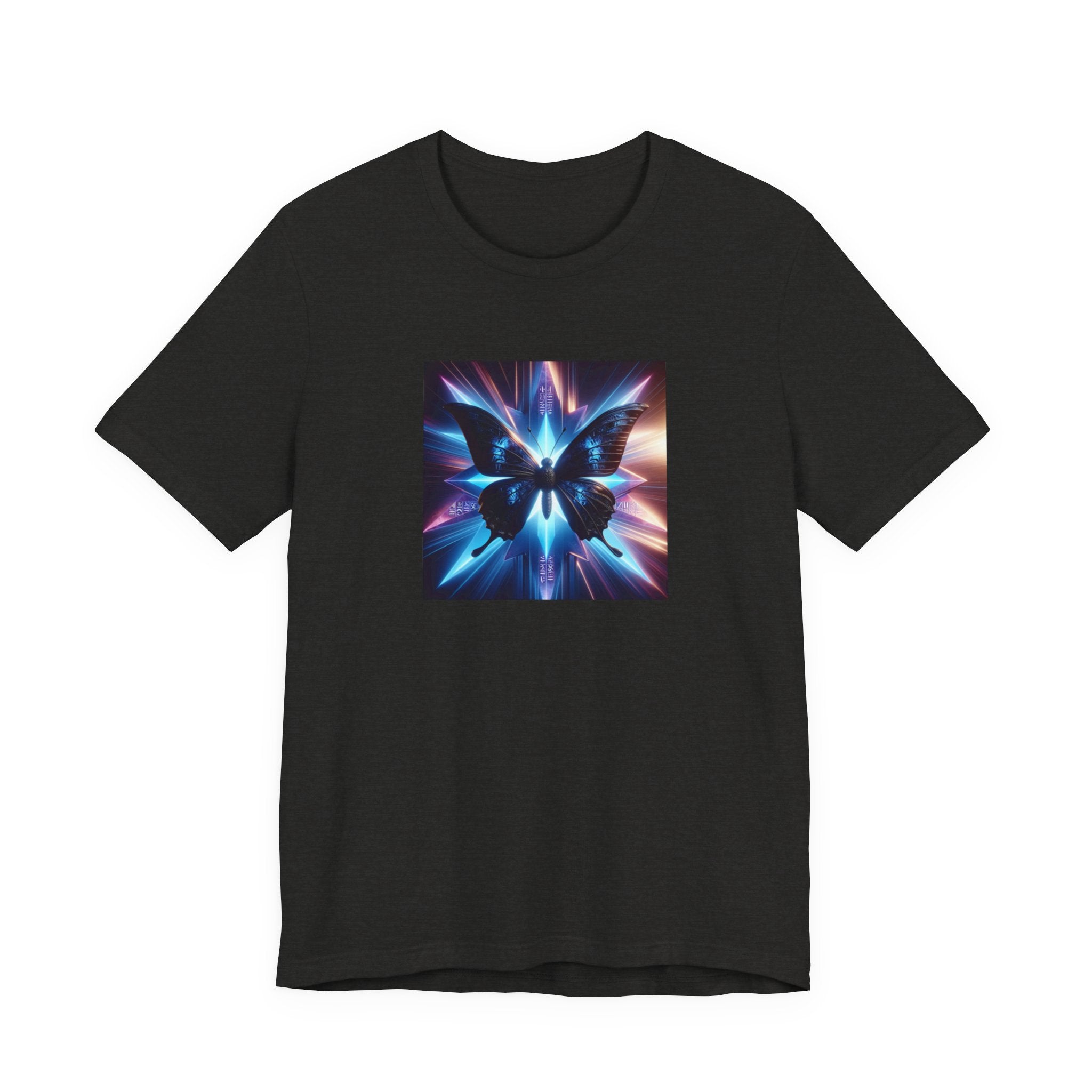 Peaceful Galaxy Tee — Neon Blue Cosmic Butterfly Graphic T-Shirt