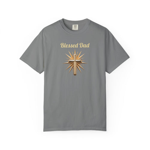 Blessed Dad T-Shirt — Golden Cross and Starburst Graphic Design