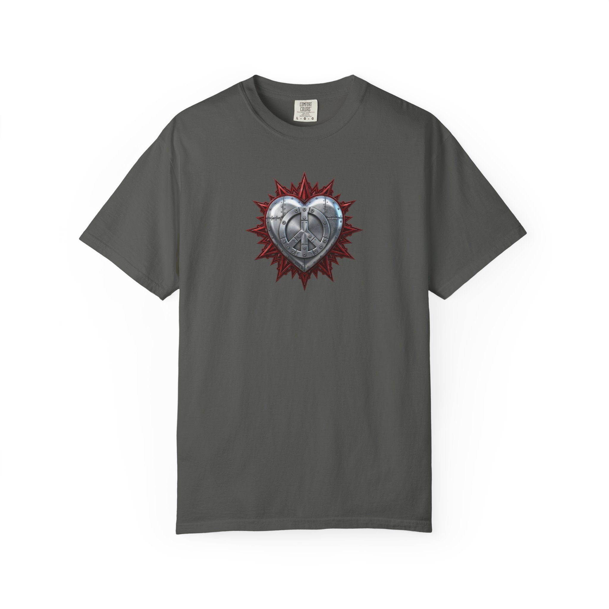 Fortified Peace Graphic T-Shirt  —  Metallic Heart and Peace Sign Graphic Design T-Shirt