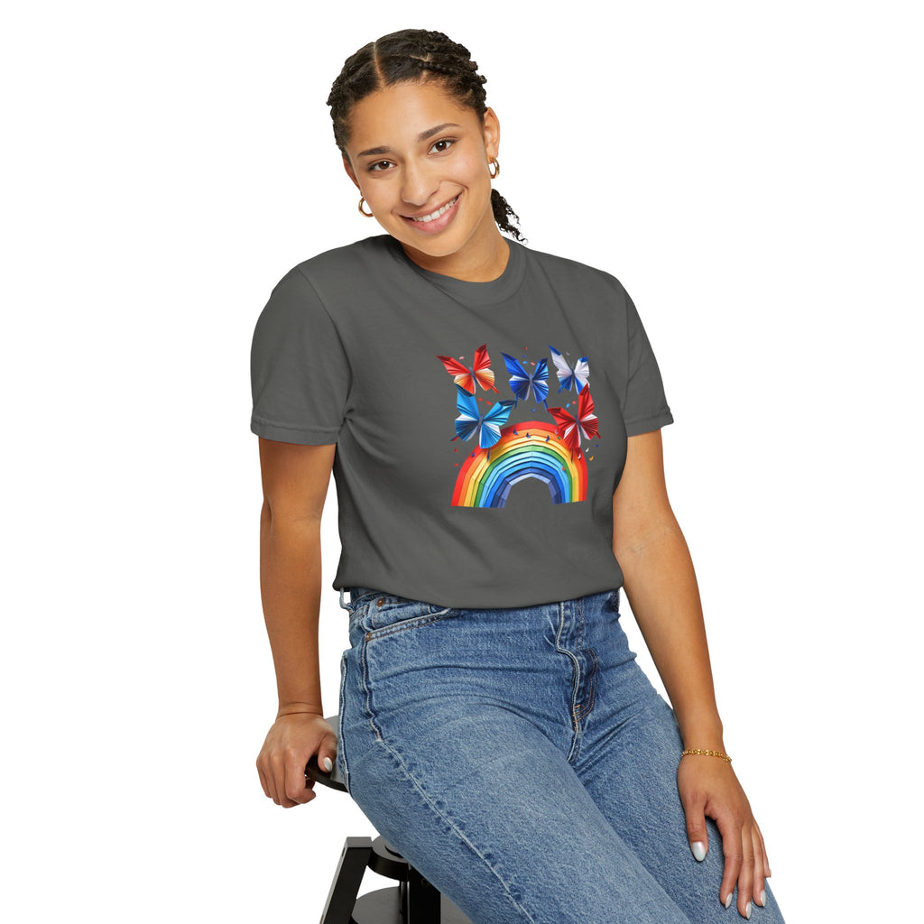 Positive Vibes Tee — Rainbow and Butterflies Graphic Design Tee