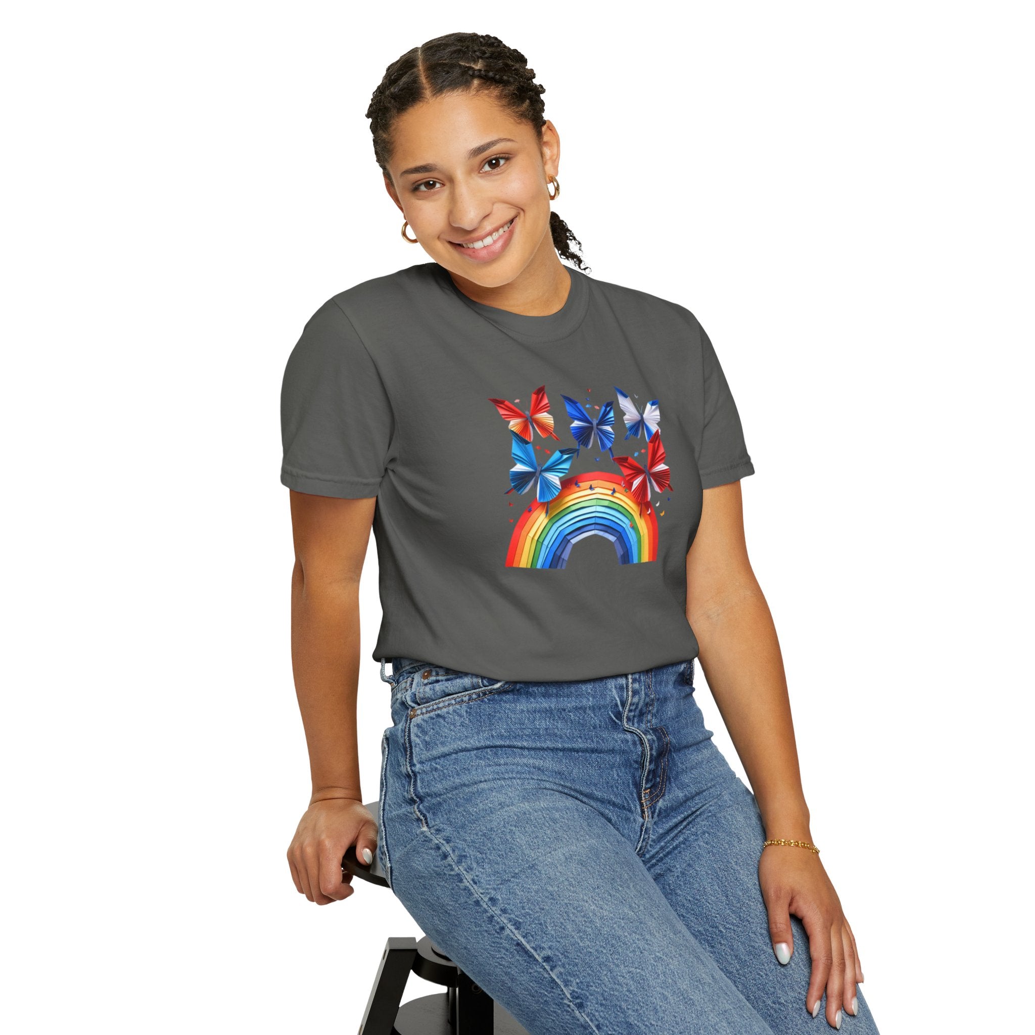 Positive Vibes Tee — Rainbow and Butterflies Graphic Design Tee