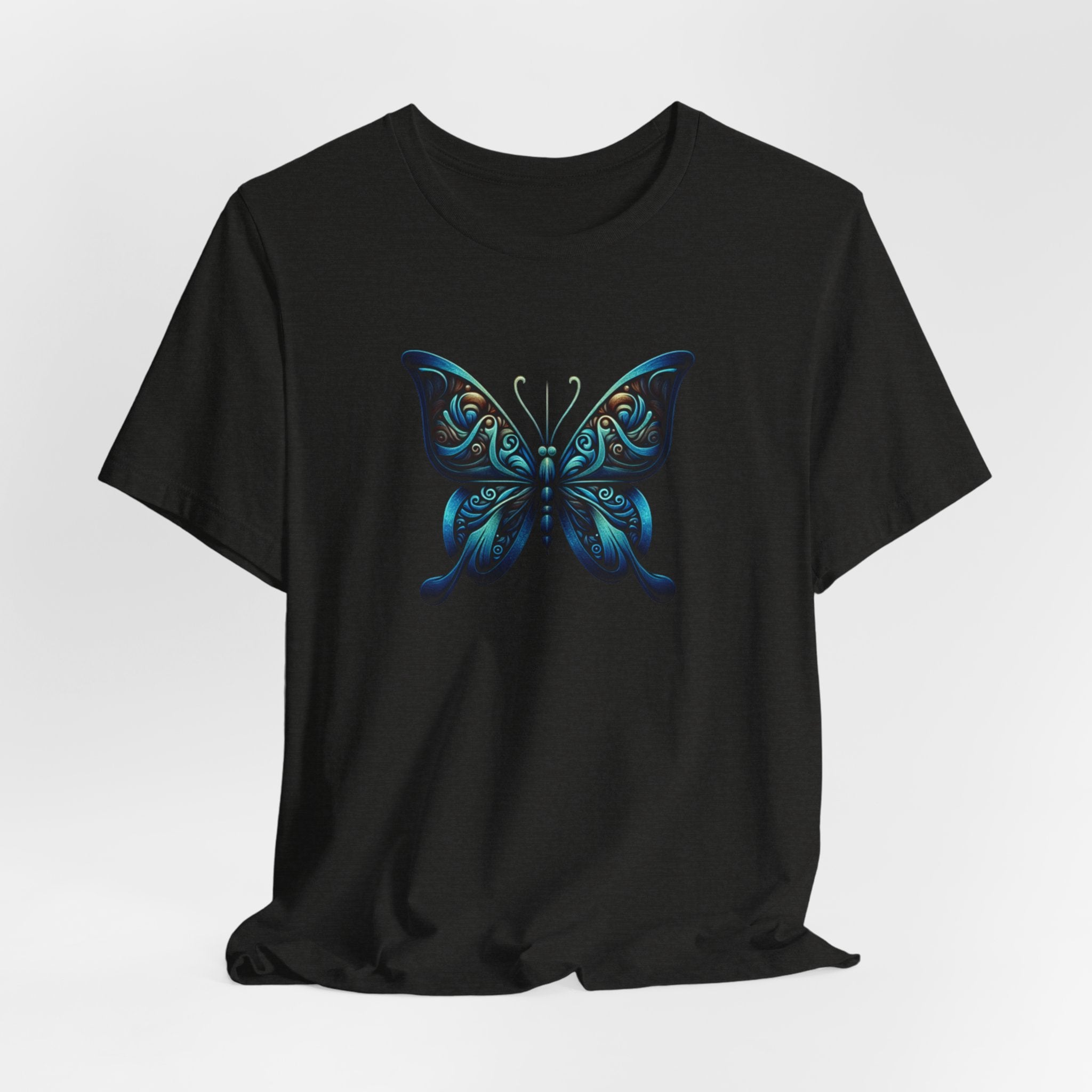 Blue Tribal Butterfly Graphic Tee — Artistic Nature Graphic T-Shirt