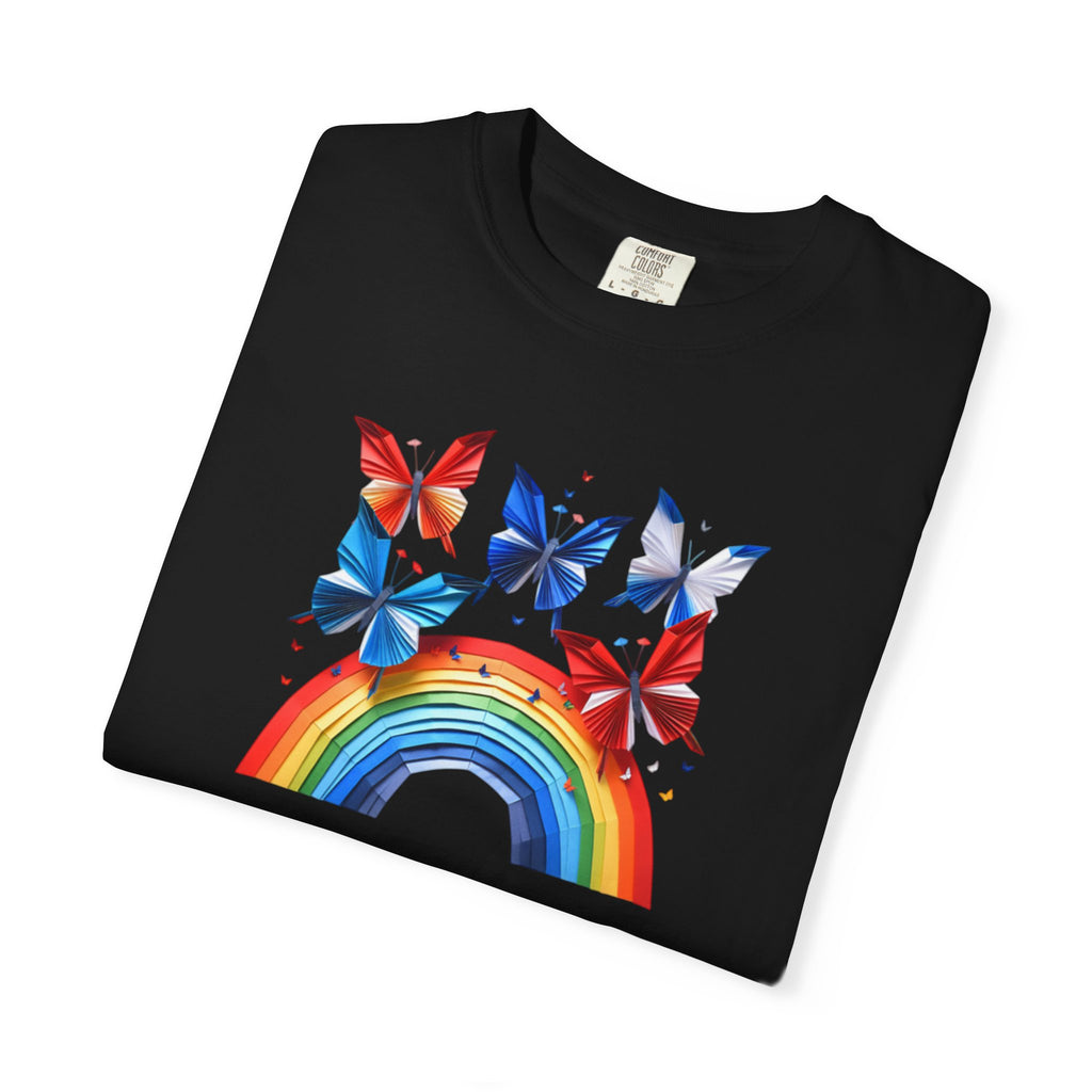 Positive Vibes Tee — Rainbow and Butterflies Graphic Design Tee