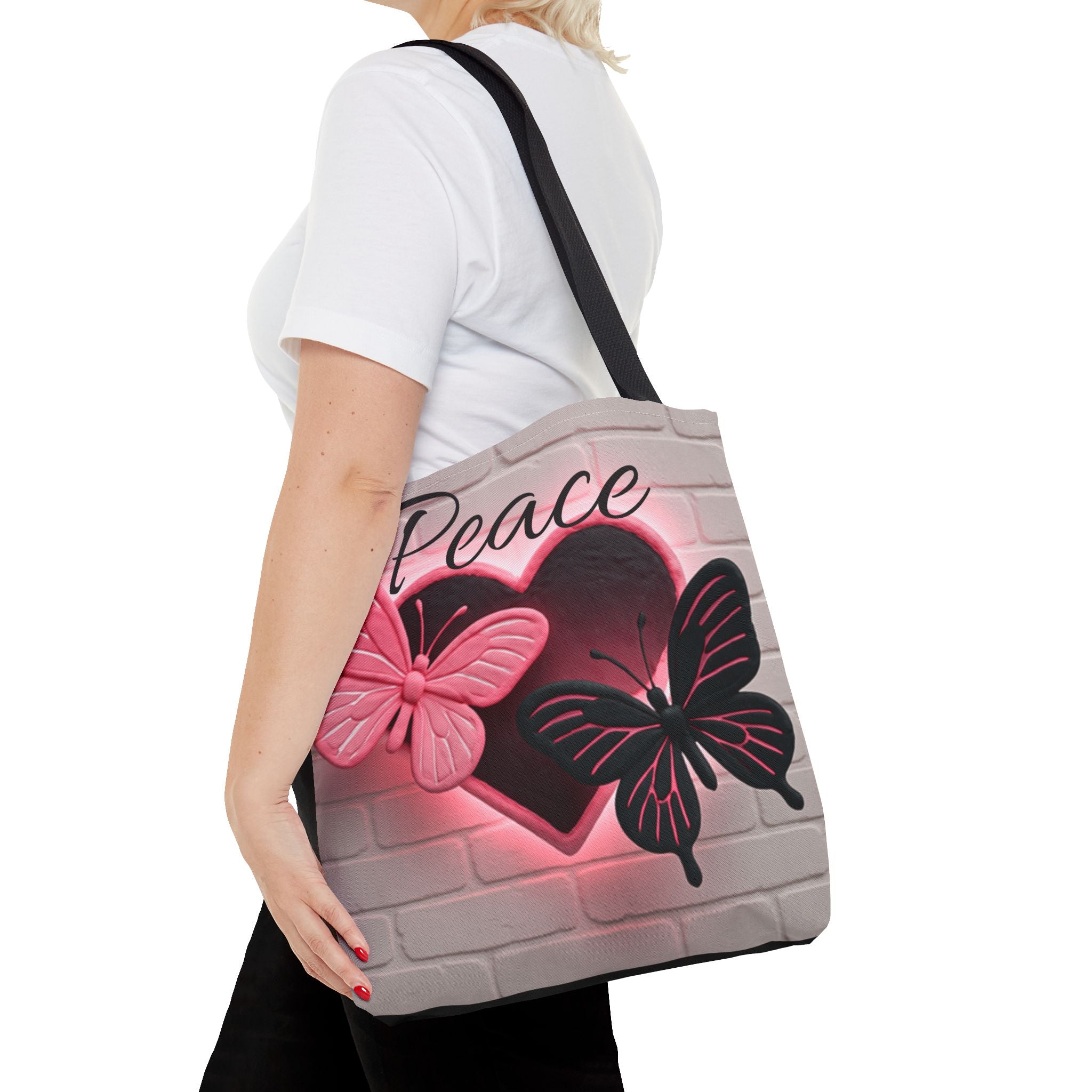 Love Glow Neon Heart and Butterflies Graphic Design Tote - Glowing Pink Neon Heart and Butterflies Design