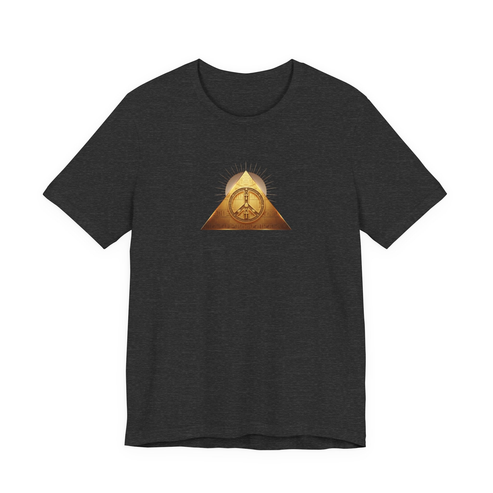Gold Peace Pyramid  Graphic T-Shirt — Egyptian Pyramid and Golden Peace Symbol Graphic Design