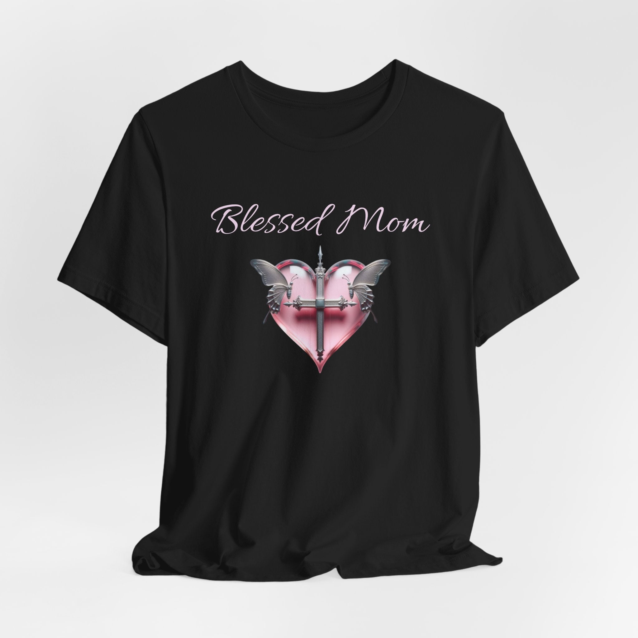 Blessed Mom Graphic Design T-Shirt - Pink Heart and Silver Gothic Cross with Butterflies