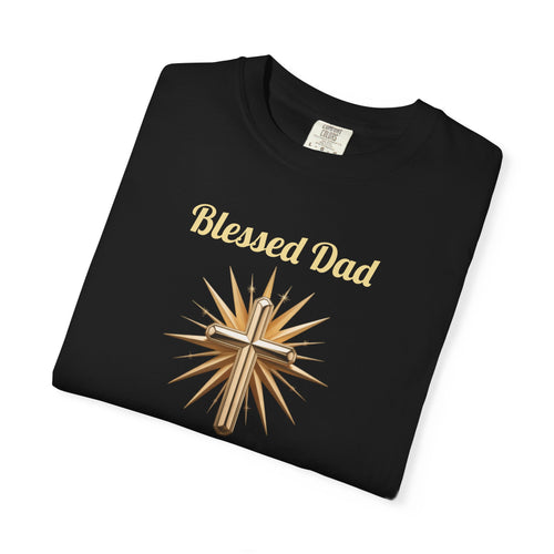 Blessed Dad T-Shirt — Golden Cross and Starburst Graphic Design