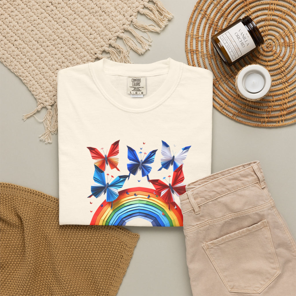 Positive Vibes Tee — Rainbow and Butterflies Graphic Design Tee