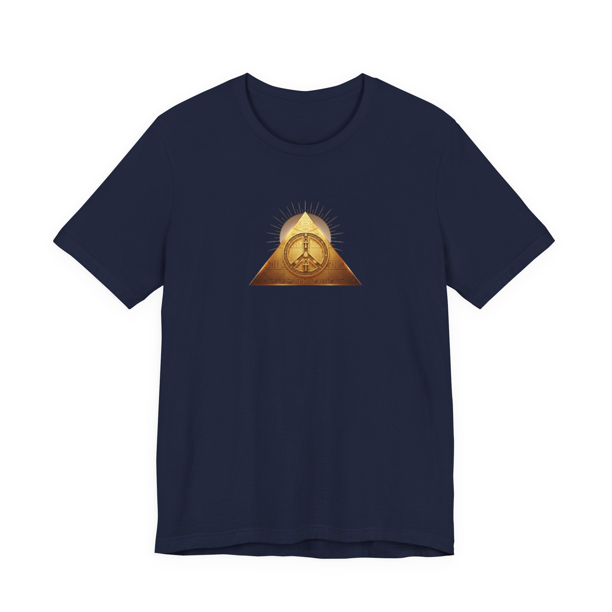 Gold Peace Pyramid  Graphic T-Shirt — Egyptian Pyramid and Golden Peace Symbol Graphic Design