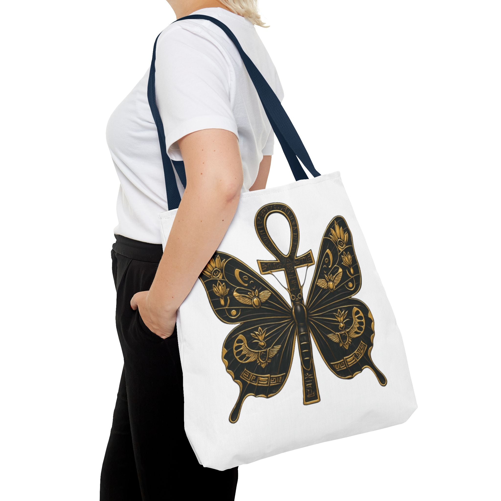 Mystic Peace Butterfly Graphic Design Tote Bag — Egyptian Themed Butterfly and Ankh Design