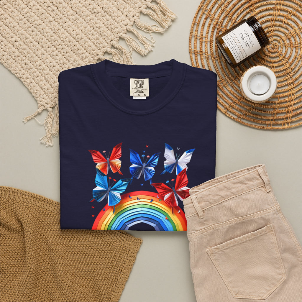 Positive Vibes Tee — Rainbow and Butterflies Graphic Design Tee