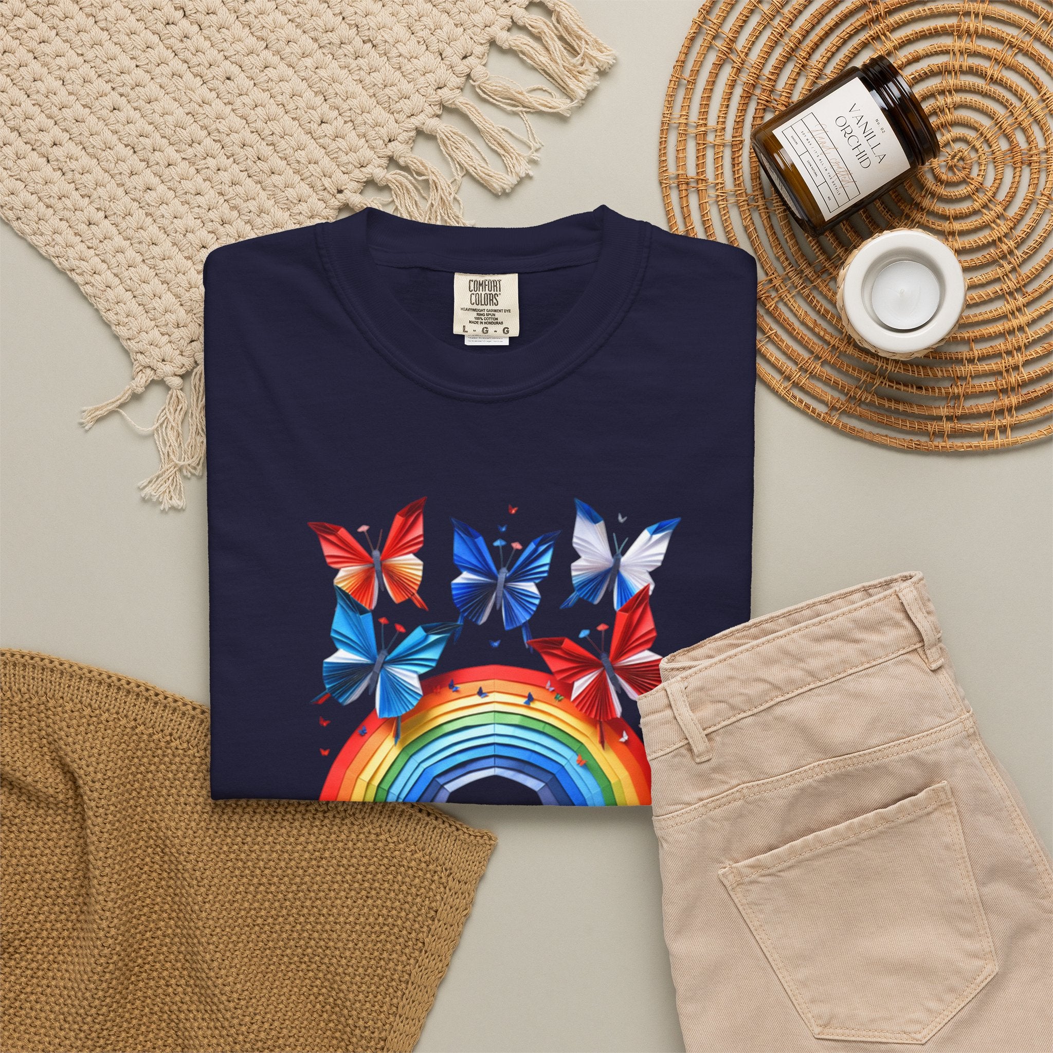 Positive Vibes Tee — Rainbow and Butterflies Graphic Design Tee