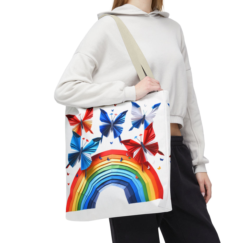 Positive Energy Tote Bag — Colorful Rainbow and Butterflies Graphic Design