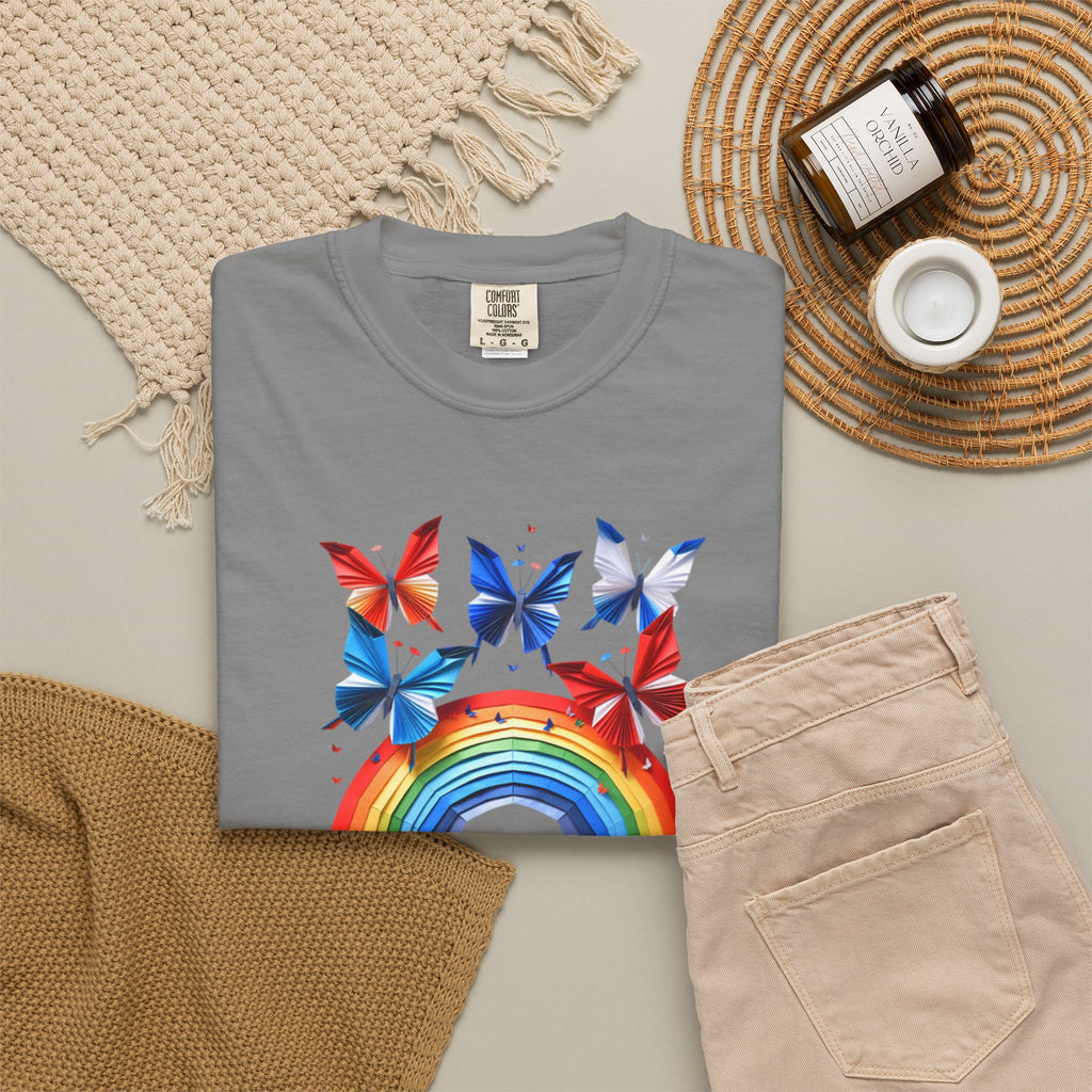 Positive Vibes Tee — Rainbow and Butterflies Graphic Design Tee