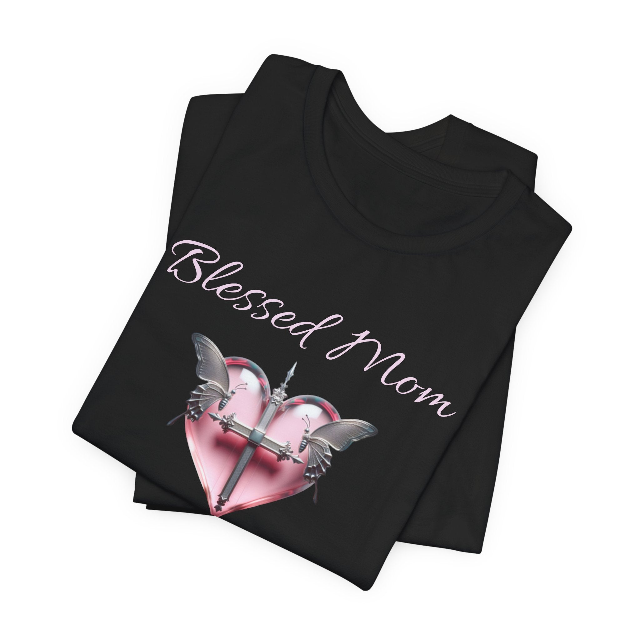 Blessed Mom Graphic Design T-Shirt - Pink Heart and Silver Gothic Cross with Butterflies