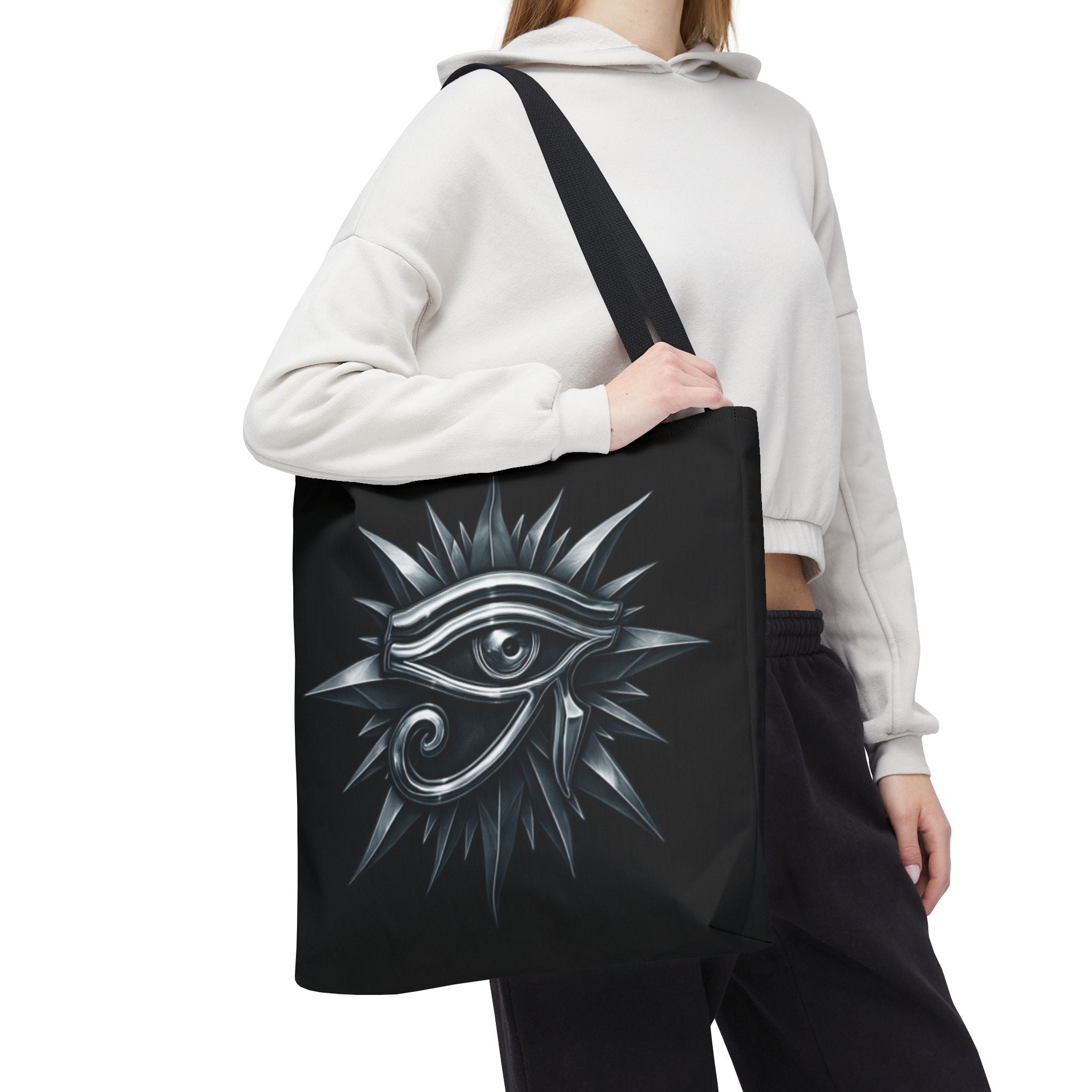 Eye of Horus Silver Starburst Tote Bag — Mystical Egyptian Symbol Graphic Design