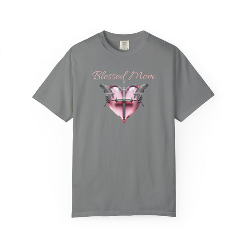 Blessed Mom T-Shirt — Pink Heart Cross Graphic Mother's Day Tee